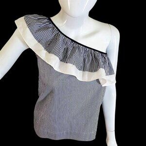 J Crew One Shoulder Ruffle Top Stripes Striped Cotton Women Size 000 NEW Blue